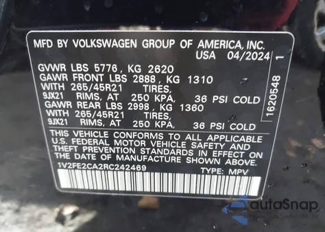 2024 Volkswagen Atlas Cross Sport 2.0T Sel Premium R-Line z USA, uszkodzony, nr VIN 1V2FE2CA2RC242469